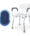 Adjustable Shower Chair With Tool Free Assembly For Spa Bathtub Lift Bench Portable White Bath Seat With Arms Height Adjustable 15 To 20 Inches Heavy Duty Aluminum Frame Supports Up To 250 Lbs Includes Bath Mat, white chair and blue bath mat