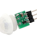 PIR Motion Sensor Module With Wide 2.7V To 12V DC Range, mini green PCB with white dome lens and 3-pin header