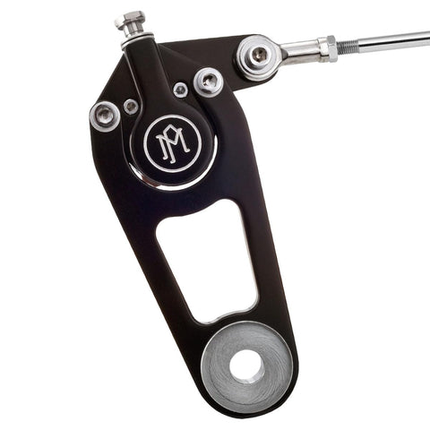 Close-up of Bolt-On Two Piston Springer Brake Caliper and Mounting Bracket Kit for Harley Springers with contrast cut finish.