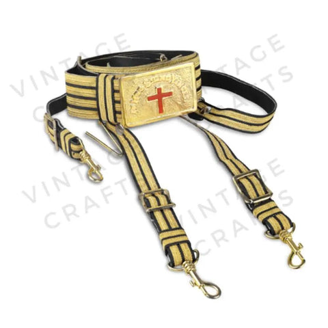 Templar Sir Knight Ceremonial Sword Belt And Buckle in Black And Gold with Lace, Adjustable 36 To 50 Inches
