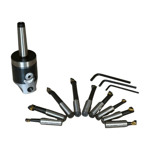 2 Inch Boring Head With MT2 Shank, 3/8-16 Thread, 1/2 Inch Boring Bar Set, Includes 9 Piece 1/2 Inch Shanks on white background