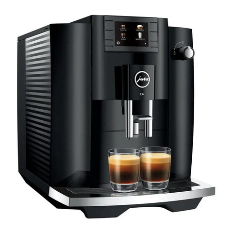 Straight Up Game Changing Automatic Espresso Machine With 2.8 Inch Color Display And Easy Cappuccino Function In Piano Black showcasing sleek design and two cups of espresso.
