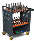 CAT40 Classic Mobile CNC Tool Storage Cart with Wheels, 35 Tool Capacity in Antique Grey, shown in machining shop setup