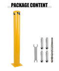 Heavy Duty Steel Safety Bollards Industrial Yellow Powder Coat Includes Anchor Bolts Rock Solid Driveway Guard Post package contents with post and installation tools.