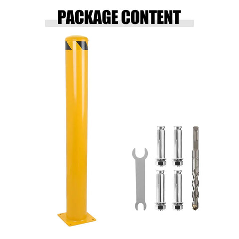 Heavy Duty Steel Safety Bollards Industrial Yellow Powder Coat Includes Anchor Bolts Rock Solid Driveway Guard Post package contents with post and installation tools.