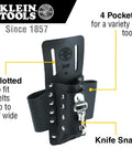 Leather Tool Pouch With Four Pockets And Knife Holder, Riveted Belt Mount Multi Tool Carrier For Electricians