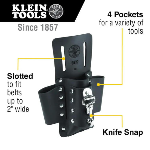 Leather Tool Pouch With Four Pockets And Knife Holder, Riveted Belt Mount Multi Tool Carrier For Electricians