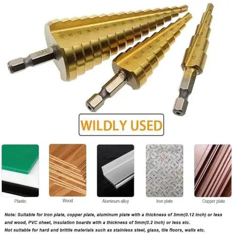 3-piece titanium coated HSS step drill bits set for precise wood and metal drilling, high efficiency and versatility for DIY projects