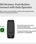 Slick Wireless Gate And Door Access Push Button Surface Mounted Momentary Release Switch showing RF-Learn feature for programming.