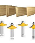 Door And Drawer Front Edging Router Bit Set With One Half Inch Shank Four Piece Pro Grade Woodworking Milling Cutter Tools Carbide Cutter For Cnc Router Includes Thumbnail Bit Two Ogee Bits One Large One Small And Roundover With Ogee Bit shown with wooden panels