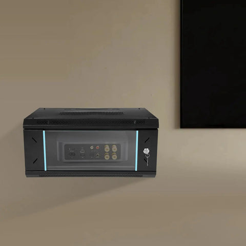 Rock Solid 4U Wall Mount Server Cabinet With Clear Glass Door Network Rack Enclosure featuring heavy-duty steel frame against beige wall.