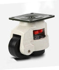 Heavy Duty Swivel Casters Four Pack Roll Smooth On Hardwood Floors Top Shelf Industrial Wheels For Workbenches Machinery With Adjustable Leveling Plates, close-up of a single caster with nylon wheel and steel bracket.