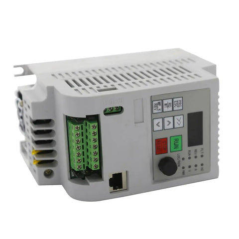 Side view of a VFD Variable Frequency Drive 220V Inverter for spindle motor speed control, 1-phase input, 3-phase output for CNC machines.
