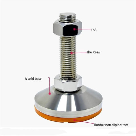 Badass Heavy Duty Adjustable Leveling Feet With M14 Threaded Lifting Nuts And Thick Carbon Steel Base Pads close-up showing nut, screw, and rubber base.