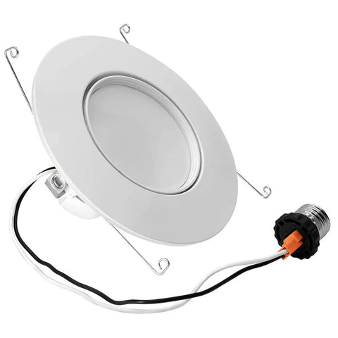 Totally Adjustable 5 6 Inch LED Retrofit Downlight Gimbal with wires and mounting clips for ceiling installation.