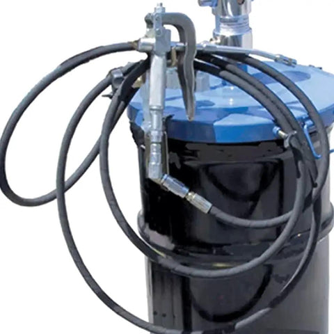 Heavy Hitter Air Operated Portable Grease Unit For 16 Gallon Containers With 50 To 1 Pump Ratio And 70 To 110 Psi Output, hoses attached.