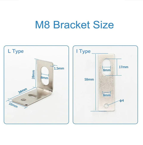 M8 L Type and I Type Iron Mounting Brackets for Photoelectric Switch and Inductive Proximity Sensor, Size Details Shown
