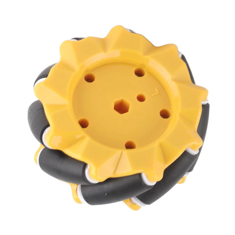 Mecanum wheel for omni-directional robot car, yellow hub with black rollers, 80mm ABS rubber.