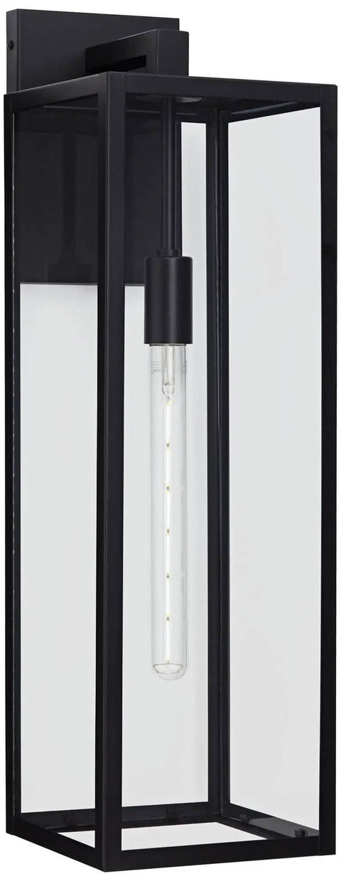 Modern Industrial Outdoor Wall Light Fixture In Mystic Black With 27 Inch Clear Glass Panels, rectangular design, front view