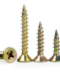 Badass Hardened Carbon Steel Self Tapping Wood Screws Featuring Smooth Countersunk Flat Heads Zinc Coated Finish in various sizes.