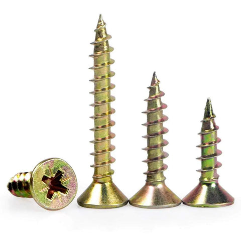 Badass Hardened Carbon Steel Self Tapping Wood Screws Featuring Smooth Countersunk Flat Heads Zinc Coated Finish in various sizes.