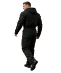 Mens Heavy Duty Canvas Work Jumpsuit With Thermal Hood And Full Zip Front Insulated Coveralls For Construction Trades view from back, black fabric.