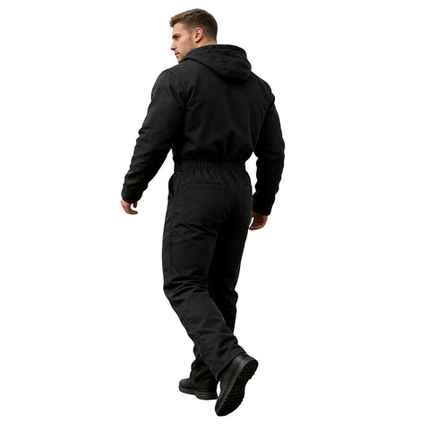 Mens Heavy Duty Canvas Work Jumpsuit With Thermal Hood And Full Zip Front Insulated Coveralls For Construction Trades view from back, black fabric.