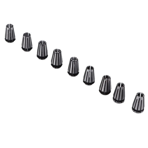 Pro ER8 9 Piece Collet Set For CNC Milling And Lathe Tools Ranging From 1 To 5mm High Speed Steel Precision machined collets arranged in a line.