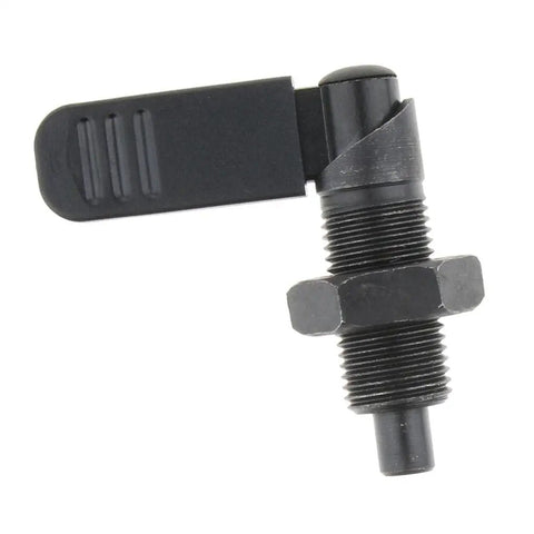 Rock Solid Retractable Indexing Plunger With L Shape Pull Handle Fine Thread Quick Release Pin Case Hardened Carbon Steel Zinc Finish Pro Grade Tool Box Staple For Tight Spaces M16 X 8Mm side view of indexing plunger with pull handle.