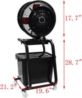 Heavy Duty 16 Inch Industrial Misting Fan With Auto Swinging Head Three Speed Settings Roll Around Frame For Warehouse Cooling That Throws Down Insane Airflow To Keep You Chilled Zero Sweat with caster wheels and controls shown.