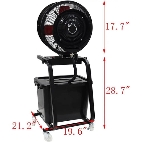 Heavy Duty 16 Inch Industrial Misting Fan With Auto Swinging Head Three Speed Settings Roll Around Frame For Warehouse Cooling That Throws Down Insane Airflow To Keep You Chilled Zero Sweat with caster wheels and controls shown.