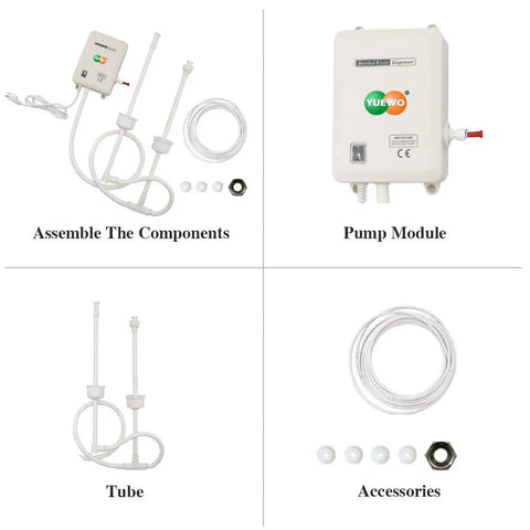 Components of Water Dispenser Pump System for 5 Gallon Bottle with 110V US Plug, 20ft Hose, showing pump module and tubes.