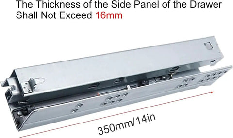 Heavy Duty Smooth Ride Push To Open Undermount Drawer Slides With Full Extension Cabinet Rails And Built In Soft Close Track Perfect For Handleless Kitchen Or Glass Display Cases No Sweat Setup Total Game Changer Measuring 14 Inches Long with label showing thickness limit for drawer sides.