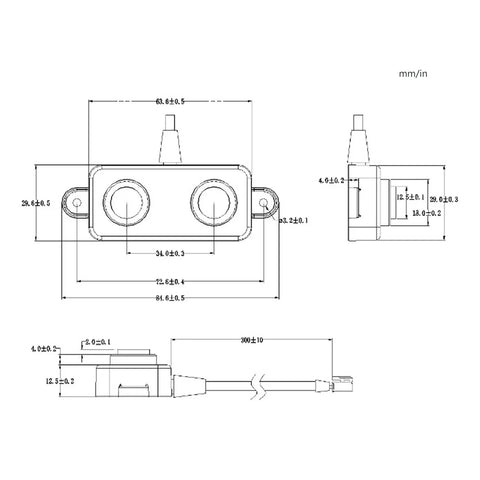 Technical diagram of Boss Level Ultrasonic Distance Sensor For Robots, dimensions shown in millimeters and inches.