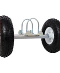 Heavy Duty Dual Gate Wheel With 10 Inch Pneumatic Tires, steel build, designed for smooth sliding on grass or concrete.