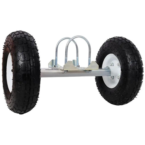 Heavy Duty Dual Gate Wheel With 10 Inch Pneumatic Tires, steel build, designed for smooth sliding on grass or concrete.