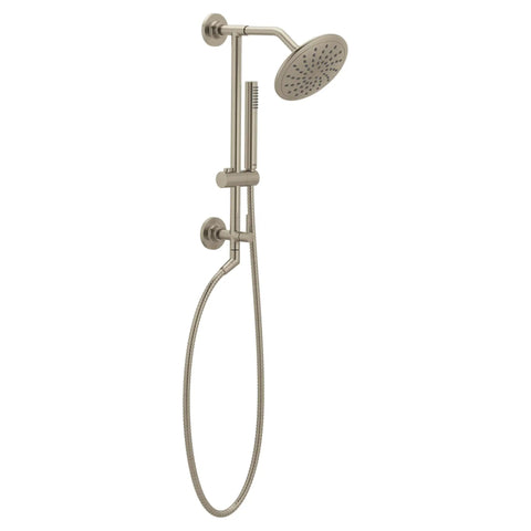 8 Inch Brushed Nickel Rain Showerhead Fixed Round Wide Rain Shower Head With 2.5 GPM Flow Easy Install On 1/2 Inch IPS Arm Single Function Shower For Modern Bathrooms mounted on wall with hose attachment