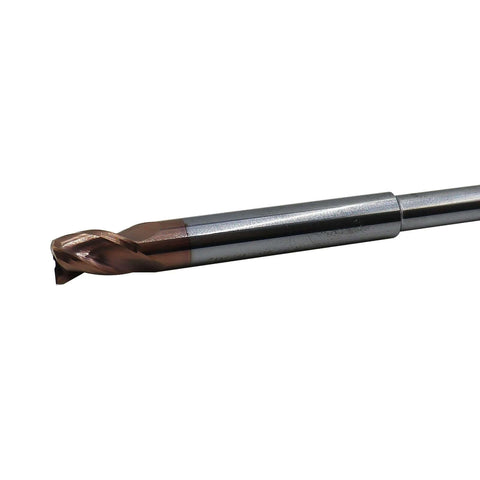 Side view of router end mill bit: copper-coated 3-flute carbide tip, 5/16 inch diameter, ZRN coating for aluminum