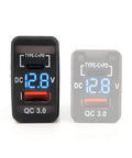 Blue Dual Port PD And QC 3.0 Fast Car Charger With Bright LED Voltmeter showing DC 12.8V battery reading and QC 3.0 port.