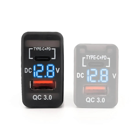 Blue Dual Port PD And QC 3.0 Fast Car Charger With Bright LED Voltmeter showing DC 12.8V battery reading and QC 3.0 port.