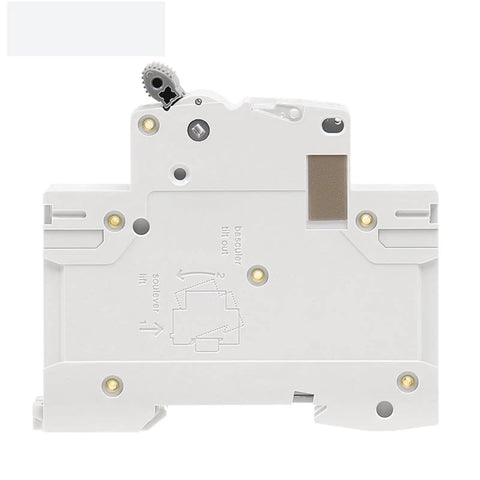Tough As Nails 2 Pole Din Rail Mini Circuit Breaker Boasts Knockout Overload And Short Circuit Protection Up To 63 Amps 230V Ac rear view.