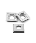 Top view of three 15mm square carbide inserts with central mounting holes for woodturning tools.