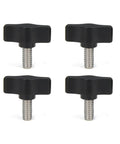 Four Piece Pack Of One Quarter Twenty By Half Inch Thumb Screws With Slick Black Aluminum Knobs and Rust Proof Stainless Steel Coarse Threads.