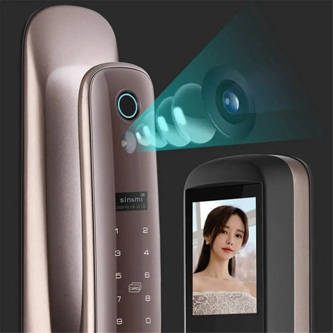 No Sweat Smart Door Lock With Fingerprint Access App Remote Control and Live View showing keypad and camera for guest monitoring.
