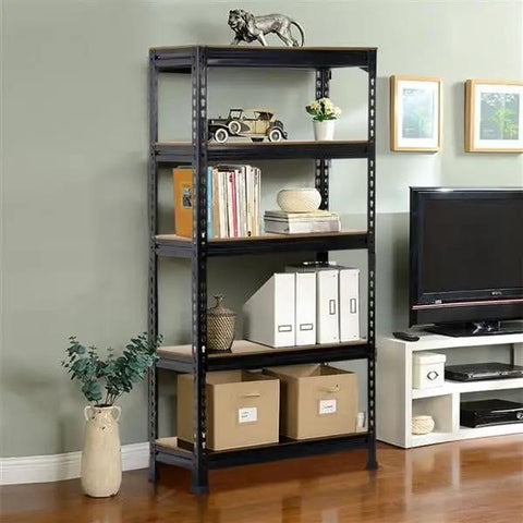 5-Tier Boltless Storage Shelf Built Different With Rock Solid Iron Frame for Garage and Workshop Heavy Duty Adjustable Racks Scratch Resistant Powder Coat Finish Black holding books and storage boxes.