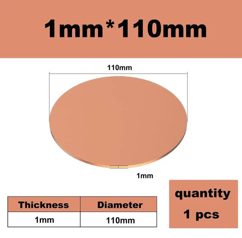 Heavy Duty Solid Copper Round Disc With 110mm Diameter And 1mm Thickness For CNC Machining and Electrical Wiring, shown with dimensions.