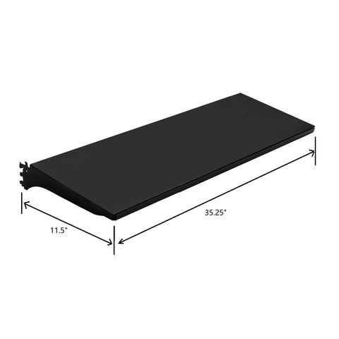Beefy Four Pack Black Gondola Shelves 35 Inches Long By 11 Inches Wide for metal retail display fixtures, showing black panel with dimensions.