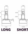 Comparison of long and short shaft dimensions for Two Pack Long Shaft A250K Potentiometer With Brass Shaft Audio Taper For Electric Guitar And Bass 6mm Shaft 8mm Thread Includes Nut And Washer Compatible With B250K A500K B500K.