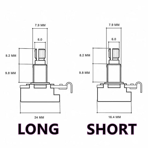 Comparison of long and short shaft dimensions for Two Pack Long Shaft A250K Potentiometer With Brass Shaft Audio Taper For Electric Guitar And Bass 6mm Shaft 8mm Thread Includes Nut And Washer Compatible With B250K A500K B500K.