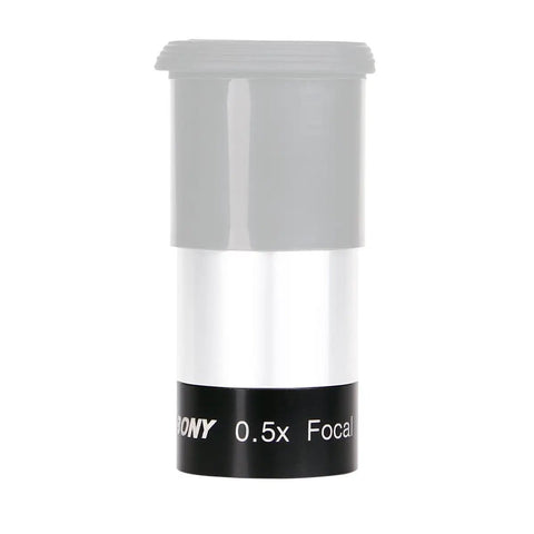 Close-up of 0.5x Focal Reducer for 1.25 Inch Eyepieces with full multi-coating, showing metal body and size for telescopes.